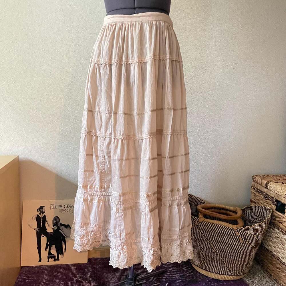 90s vintage tiered pastel pink lace midi skirt boho cottagecore western fairy